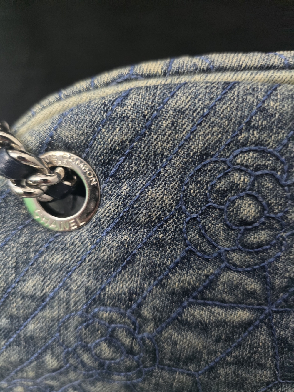 AUTHENTIC Chanel Denim Camellia Just Mademoiselle Bowler Bag - Picture 4 of 16
